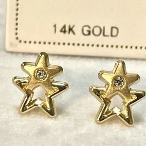 Solid Yellow Gold 14 Karat Double Star  Cz  Stud 7x8mm Earring